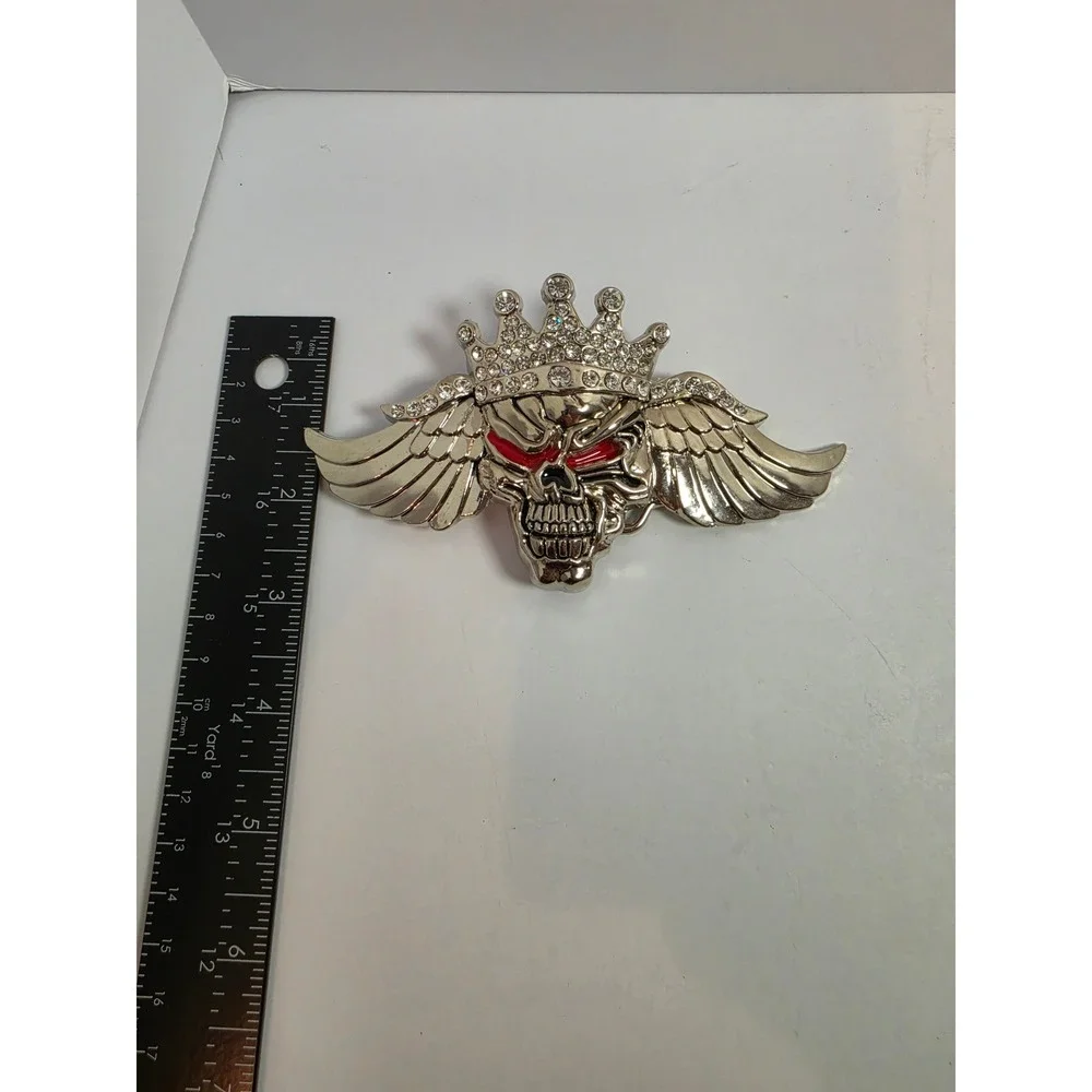 Skull Belt Buckle Winged Crown Rhinestone Red Eyes Silver Tone Biker Gothic